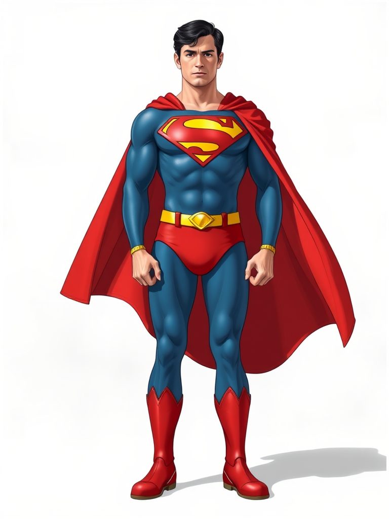 Generate a full-length image of Superman with the body attributes of Velma Dinkley, including her height, frame, and shape. Incorporate embellishments and costume elements from Velma’s outfit to create a unique blend. The background should be an appropriate setting that suits both Superman and Velma’s worlds.