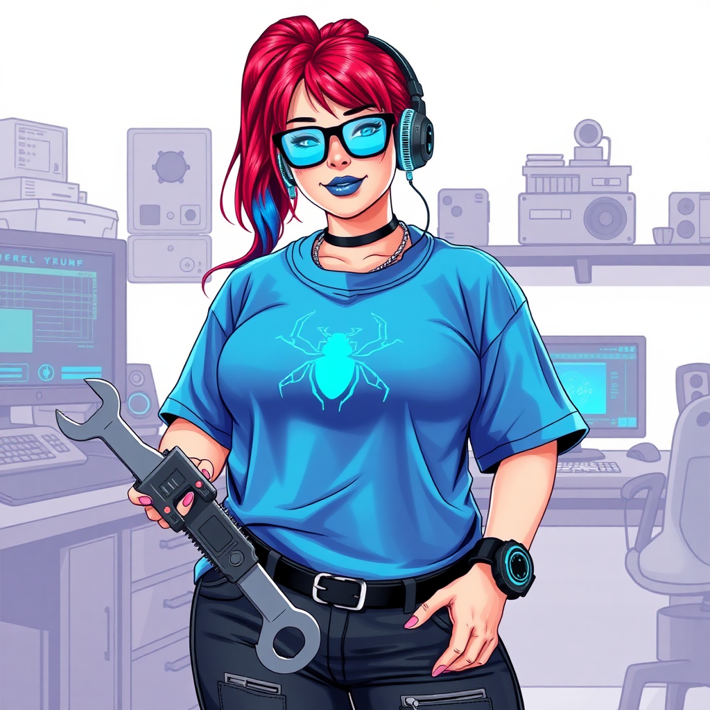 A cyberpunk vigilante’s full-figured intelligent and tech-savvy 29-year-old girlfriend, who is a computer hacker and tech genius. She has a long ruby red ponytail streaked with sky blue. She wears maximum blue lipstick, blue eyes, a sapphire beetle gemstone necklace, sapphire earrings, black eyeglasses, a futuristic holographic wristwatch computer, and an oversized maximum blue t-shirt featuring a neon blue beetle chest emblem. She has a full-figured, well-rounded physique with a prominent, round midsection, reflecting her well-cared-for lifestyle. Her round midsection is broadened and bloated to emphasize her figure. She sports a sapphire headset with a high-tech maximum turquoise lensed HUD, and a shy smile with a neon red blush. She is holding a futuristic hi-tech wrench while standing in her workshop in front of her computer desk and work bench. The background is solid white. She is drawn as if she was in a retro 2D cyberpunk fighting game.