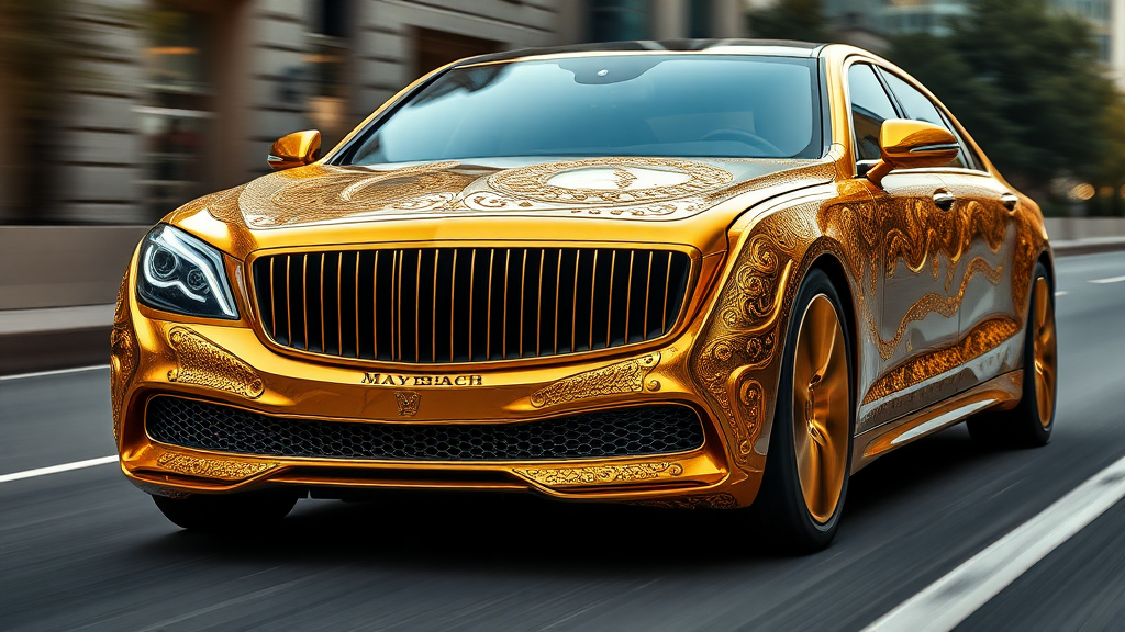 futuristic maybach sedan , A luxurious, gold-plated car adorned with intricate, ornate designs and carvings. The vehicle features prominent headlights and a distinctive front grille, showcasing a fusion of elegance and extravagance. road motion blur