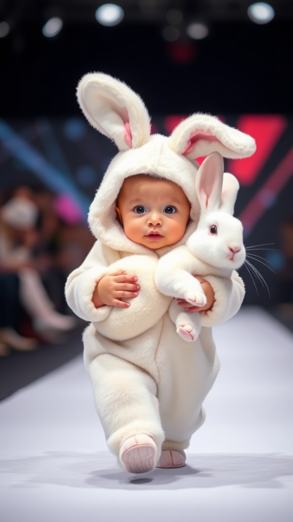 A cute small chubby fair baby with big eyes, pink lips, and pink cheeks, wearing a furry cozy white rabbit costume, doing a ramp walk in a fashion show, walking with a real big white rabbit held in hands, cinematic.