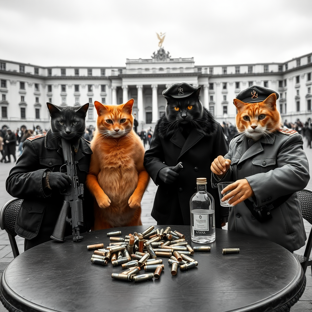 4 cat-men in a large square, one dark-skinned holding an AK-47, an orange one with a Russian military cap, a dark brown and a light brown, Soviet communist with vodka, around a table with bullet casings on it (black and white photo style)