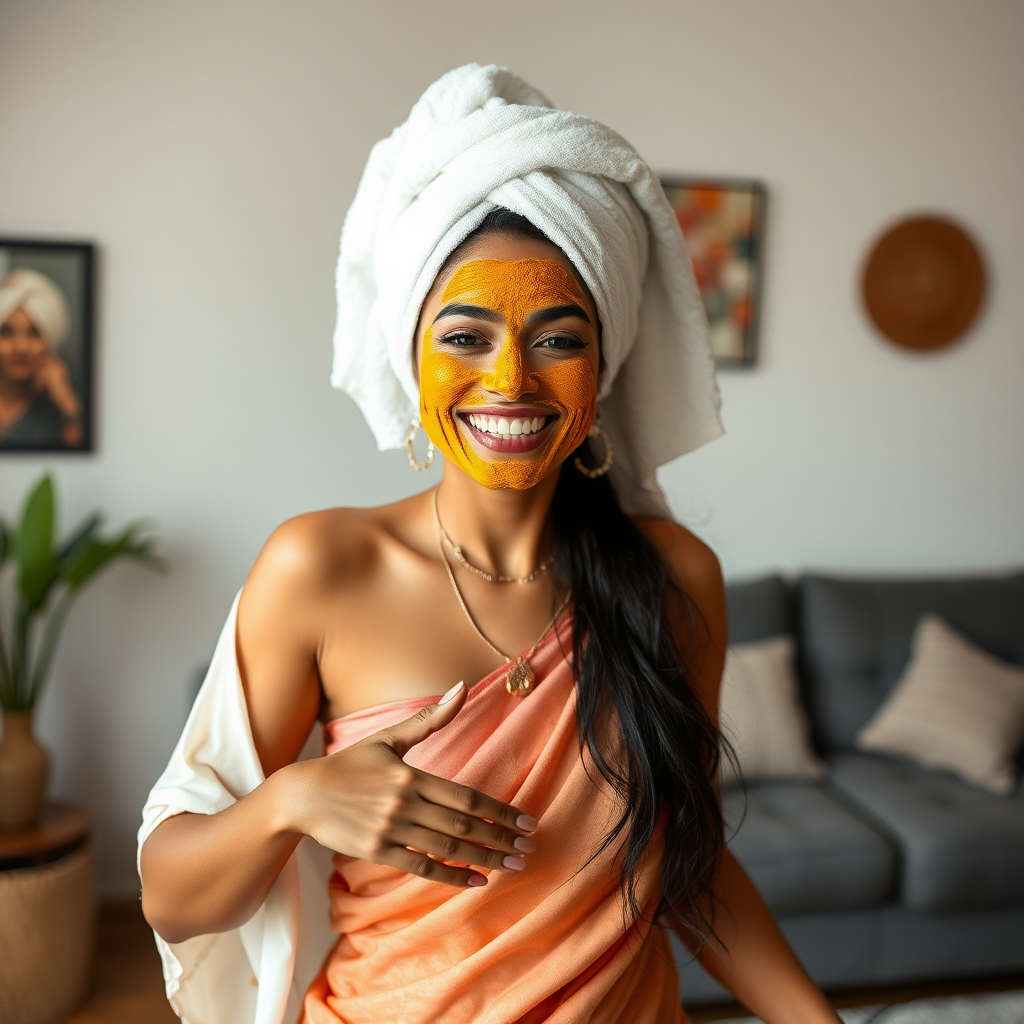 slim, 30 year old, indian Bride, towel head, turmeric face mask. She is happy and dancing in living room.