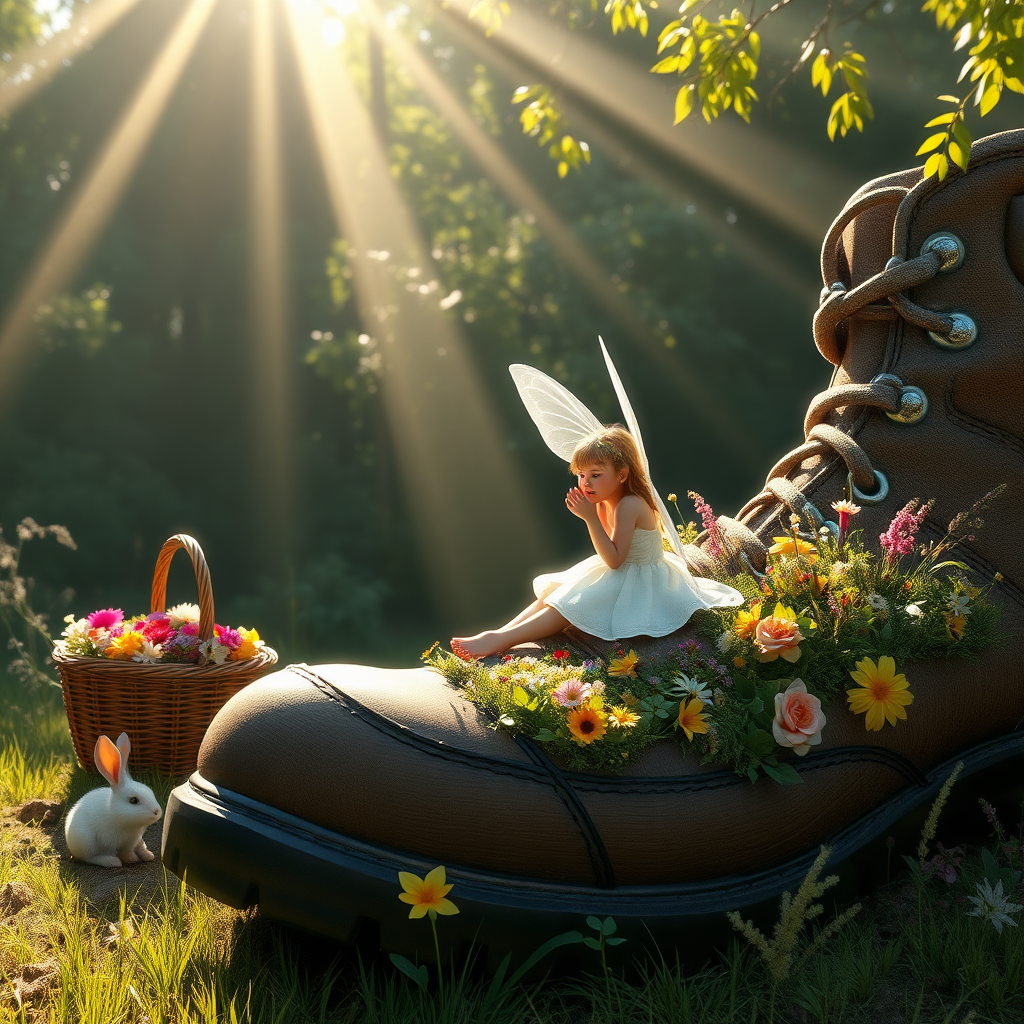 A stunning 16:9 UHD digital artwork depicts a fairy girl with luminous, diaphanous wings gracefully seated on the wooden heel of a colossal hiking boot, which has been transformed into a vibrant bed of assorted flowers and lush greenery. The scene is set against a serene pastoral backdrop, where a basket overflowing with wildflowers and a calm rabbit nearby evoke a tranquil and magical ambiance. Sunlight streams through the dense foliage overhead, casting radiant, dappled light that enhances the whimsical and rustic aesthetics of the composition. The rugged texture of the boot contrasts beautifully with the fairy's delicate presence, weaving a narrative of enchantment and natural beauty.

Technical and Artistic Specifications:

    Resolution & Detail: Rendered in breathtaking 64K UHD resolution with a broad color spectrum and intricate details, ideal for high-profile platforms like ArtStation and Behance.
    Digital Art Techniques: Utilizes advanced tools such as Corel Painter, ZBrush, and Adobe Photoshop to achieve remarkable 3D volume, exquisite shading, and ultra-fine detailing.
    Textural Elements: Incorporates high-quality pigments, metallic flakes, and glass beads to ensure each texture radiates vibrancy under raking light.
    Lighting & Depth: Features a tranquil chiaroscuro effect with a subtle interplay of light and shadow, enhancing depth and clarity. Soft, delicate colors infuse the piece with subtlety and serenity.
    Rendering & Effects: Employs advanced rendering techniques and 3D volumetric effects to amplify depth and spatial qualities. A hyper-realistic pencil sketch texture adds intricate detail and photorealistic precision to contours, creases, and pores.
    Composition Harmony: Achieves maximum harmony across all elements, resulting in a balanced and cohesive composition. Soft, nuanced shades of grey, black, and white add depth without overwhelming the scene.
    Photographic Style: Utilizes a balanced f/11 aperture and a raw photographic style with advanced v6 enhancements to render vivid colors and minute details, ensuring lifelike realism and a gentle, lifelike depth.
    Cinematic Approach: Emphasizes striking details through a cinematic close-up perspective, captivating both technical and emotional aspects of the artwork.

Artists Inspired By:
Cameron Gray, John Gould, Vladimir Volegov, Mondrian, Craig Mullins, Jirka Vinse, Jonatan Väätäinen, Meghan Duncanson, and Bergsma.