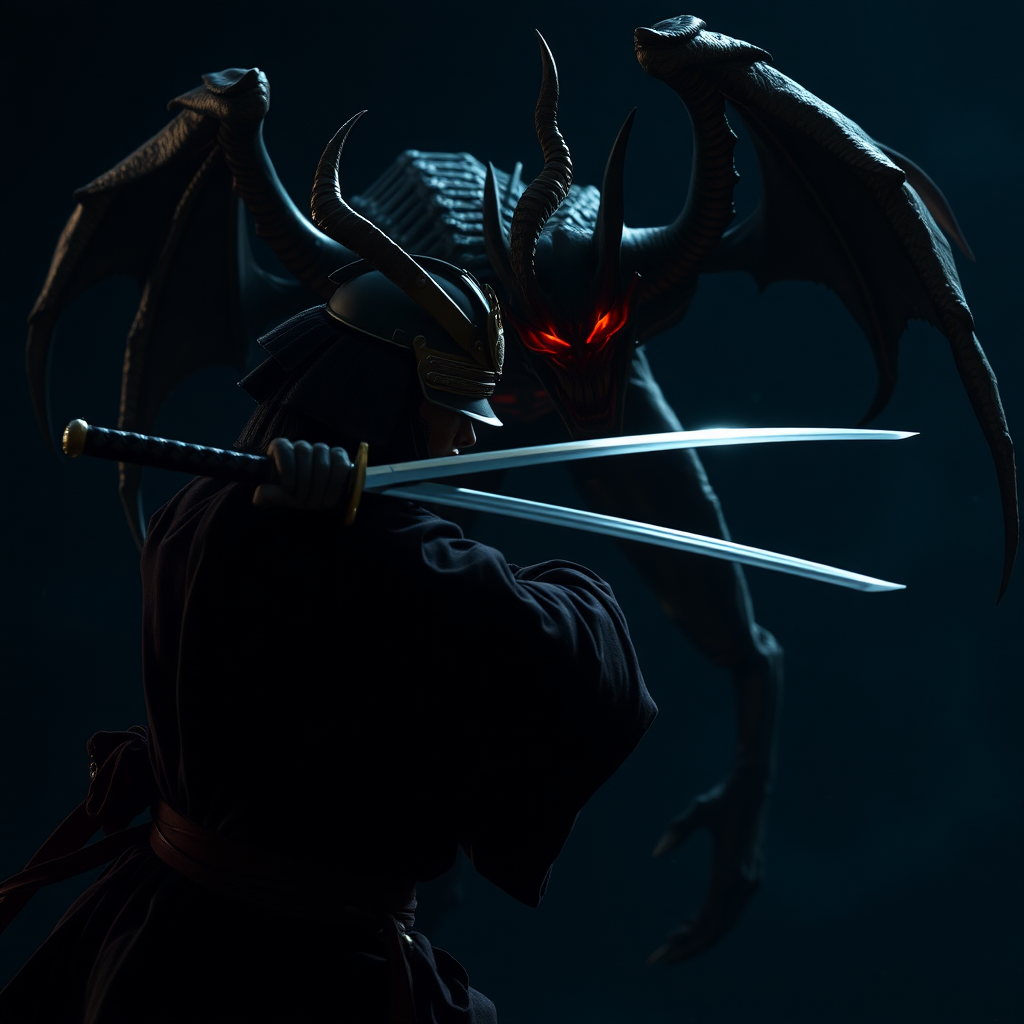 Cinematic still of a samurai with a katana attacks a demon in the dark night.