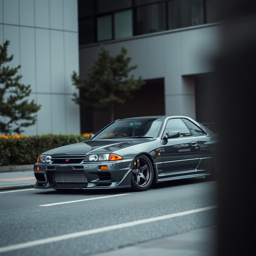 The car is parked on the side of the road, inspired by Taiyō Matsumoto, tumblr, restomod, nd4, c4 metallic shine gray black nissan skyline r34 kalabalik tokyo gece arkaplan