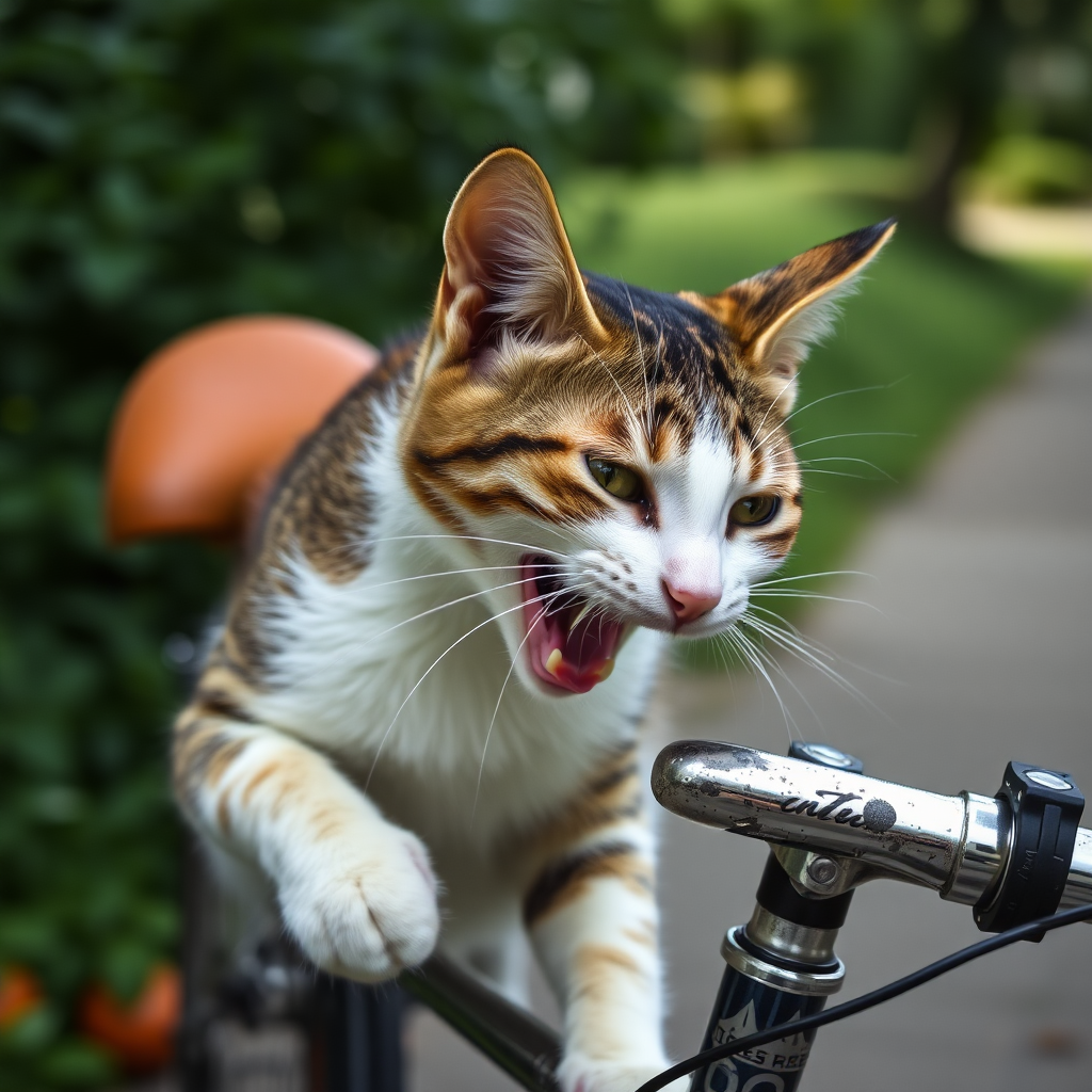 cat biting bicycle