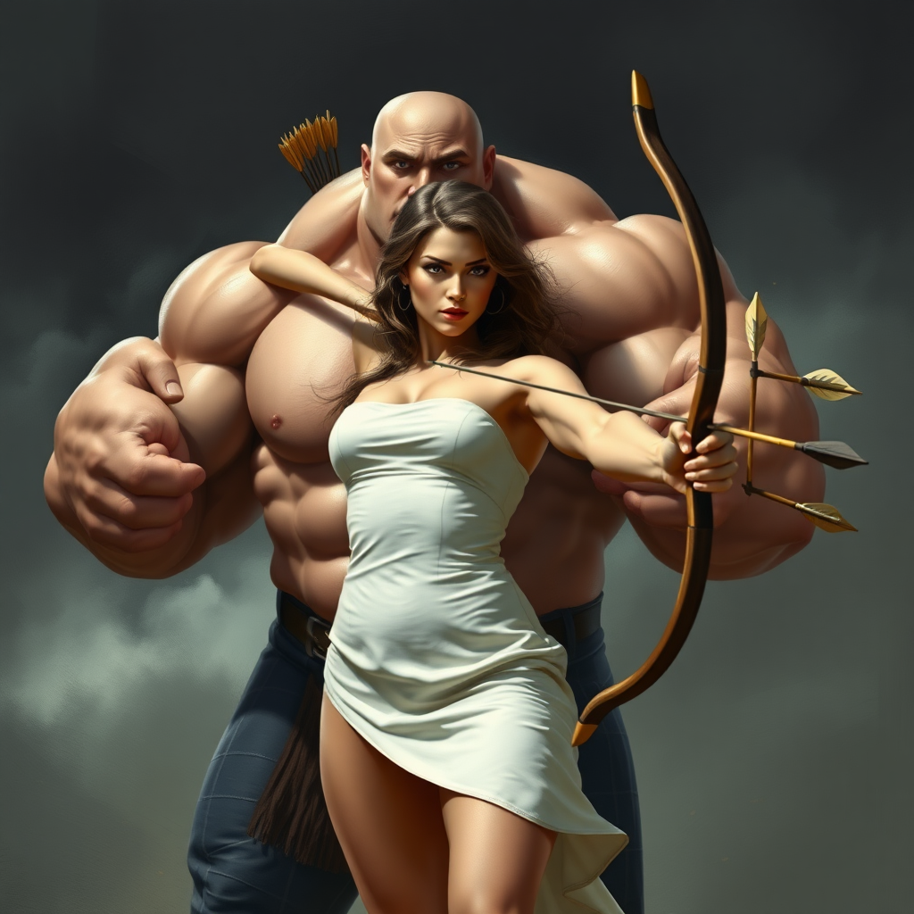 huge massive strong muscular bodybuilder girl, strapless dress, archer throwing arrows