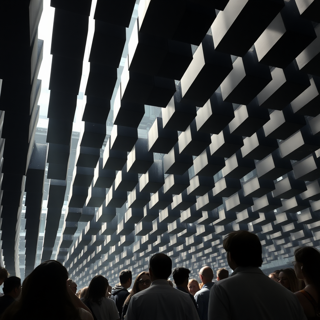 black grid cubes grid in the firmament, people look up in amazement