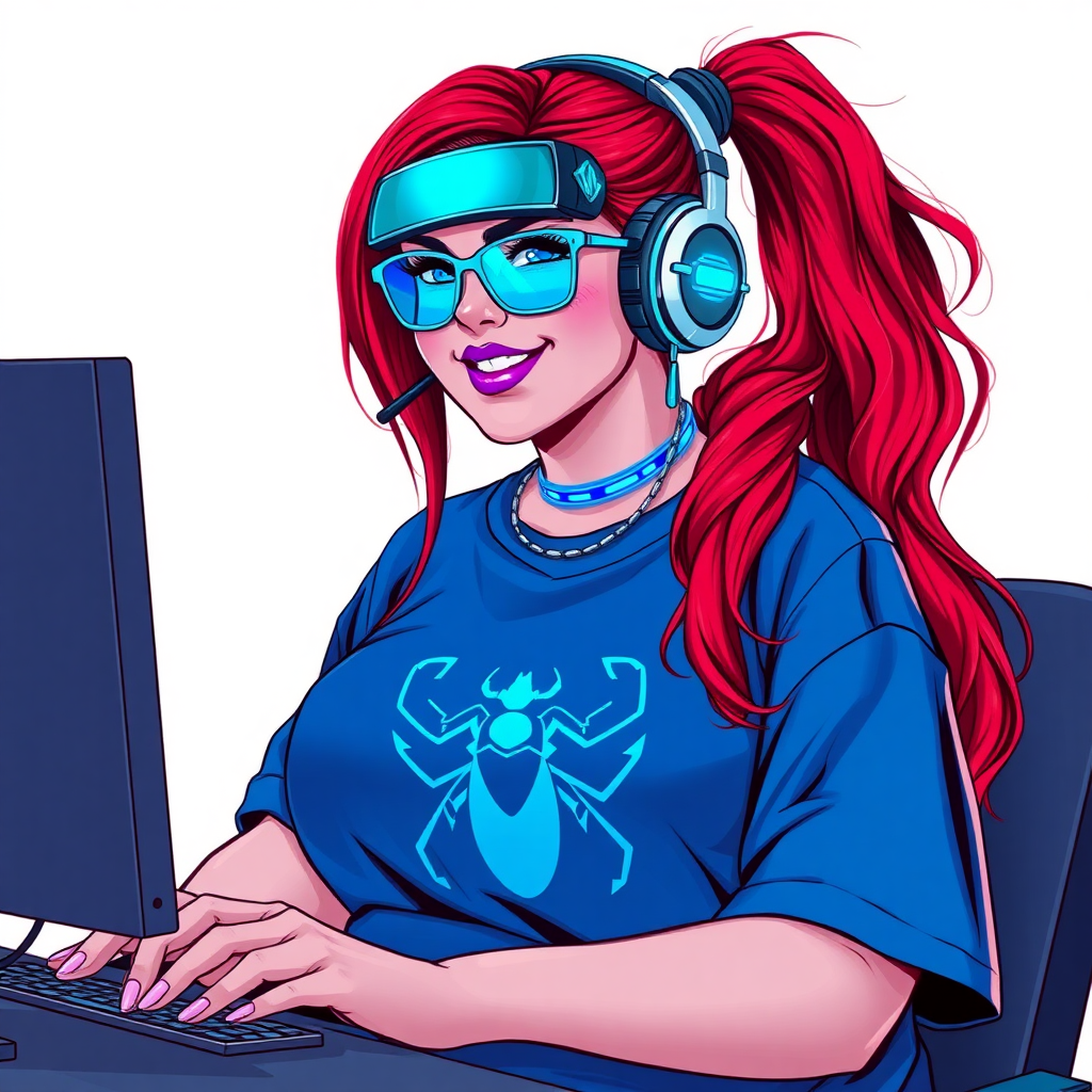 A cyberpunk vigilante’s full-figured intelligent and tech-savvy 29-year-old girlfriend, who is a computer hacker and tech genius. She has a long ruby red ponytail and bright blue eyes. She wears maximum blue lipstick, a sapphire beetle gemstone necklace, sapphire earrings, and an oversized maximum blue t-shirt featuring a neon blue glowing icon of a beetle on its chest. She has a full-figured physique with a prominent, gargantuan, round midsection, reflecting her well-cared-for lifestyle. She sports a sapphire headset with hi-tech maximum turquoise lensed HUD eyeglasses, and a beaming smile with a passionate bright red blush. Despite her figure and a lack of self-esteem, she radiates beauty. She has a slim face which contributes to her radiant beauty. She serves as his tech expert from his hideout, diligently working at her lab table and computer desk. The background is solid white. She is drawn as if she was in a retro 2D cyberpunk fighting game.