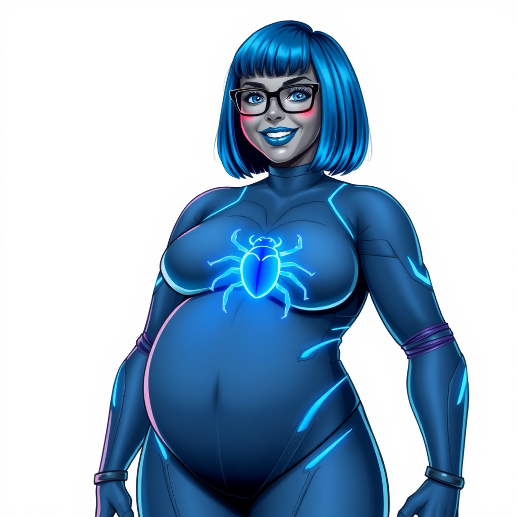 A 28-year-old, full-figured, middle gray metal skinned computer program-human hybrid with a maximum blue bob cut. She is the digital sidekick, computer hacker, and nerdy girlfriend of her cyberpunk vigilante boyfriend. Her middle gray metallic skin, distinct from any other character, highlights her digital nature. She wears maximum blue lipstick and has bright blue eyes. Her outfit includes a maximum blue full bodysuit with neon blue glowing beetle-themed accents completed by a neon blue glowing chest icon of a beetle. Black eyeglasses accentuate her nerdiness, and she has a lovestruck smile with neon red blush. Her full figure, including a prominent, gargantuan, round midsection (with full emphasis on the belly), giant limbs, and broad shoulders, reflects the doting care of her vigilante boyfriend. The background is solid white. She is drawn as if she was in a retro 2D cyberpunk fighting game. Ensure her bodysuit covers all her bare skin (especially her gargantuan midsection). Her bodysuit is influenced by DC's superheroine Jennifer Knight Phantom Lady but remains distinct.