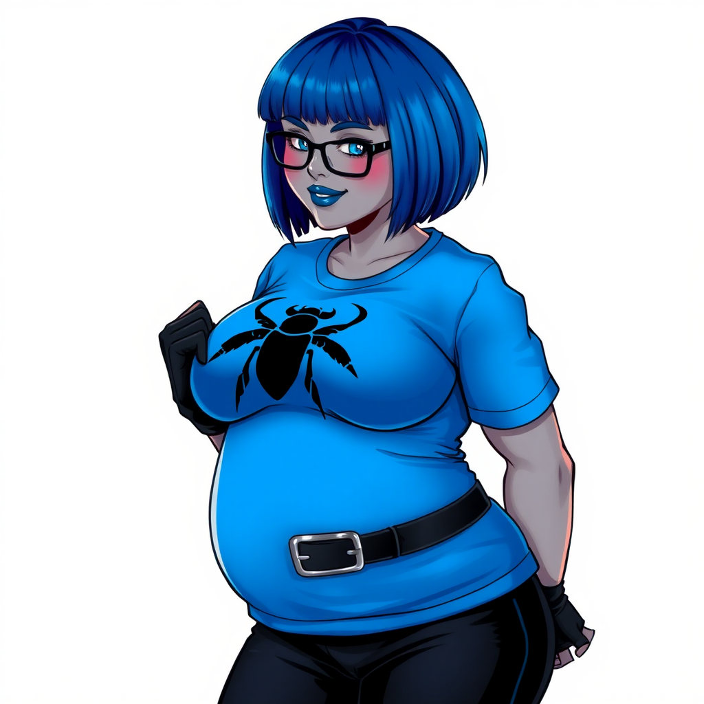 A 28-year-old, full-figured, metallic middle gray skinned computer program hybrid with a short maximum blue bob cut. She has a non-athletic build, highlighted by a prominent, round midsection (with a focus on her round belly). As a digital sidekick to her cyberpunk vigilante boyfriend, her middle gray metallic skin and maximum blue lipstick emphasize her digital nature. She wears a huge, tight-fitting, maximum blue t-shirt (accentuating her belly) with a black chest icon of a beetle, black pants, a black belt with a sapphire scarab buckle, and black gloves. Her bright blue eyes, black eyeglasses, and shy smile with neon red blush accentuate her nerdiness. She bashfully bows her head (while still facing the screen) with her hands behind her back, her t-shirt covers her midsection (especially her belly) and emphasizing her full-figured, non-athletic physique. She is on a solid white background. She is drawn as if she was in a retro 2D cyberpunk fighting game. She is clearly non-athletic, with a focus on her full figure. Make sure her outfit covers all of her bare skin (especially her midsection).