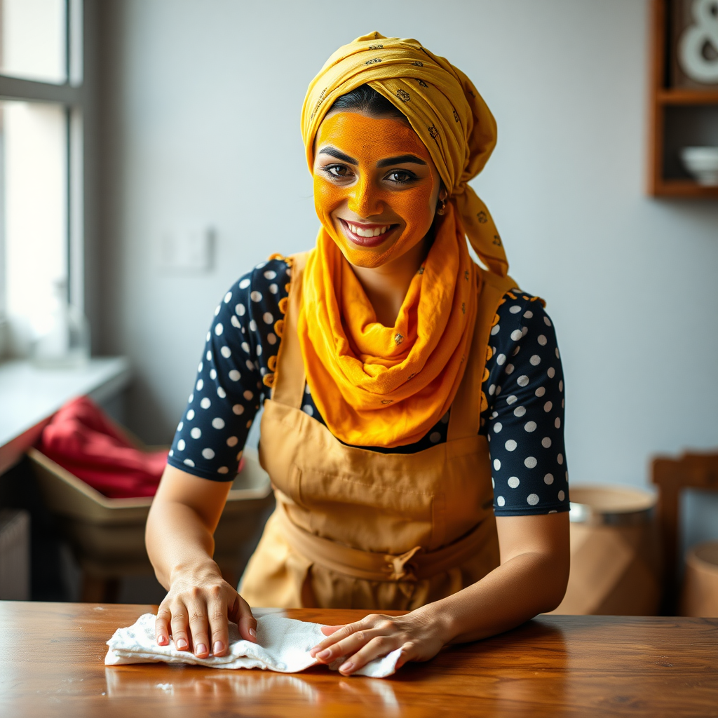 slim, 30 year old, sexy, french maid, short scarf head, turmeric face pack. She is smiling and cleaning a table with a cloth