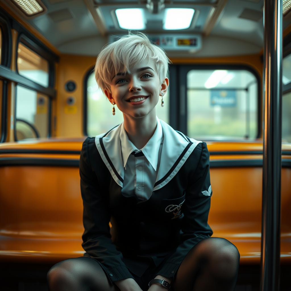 photorealistic, ultra high resolution, 16K, surreal fantasy, soft studio lighting, a pretty 18 year old goth male, slim male physique, short blonde hair, goth makeup, earrings, shiny black pantyhose, UK girls-school uniform, Mary-Jane shoes, sitting in the school bus, excited smile, facing the camera.