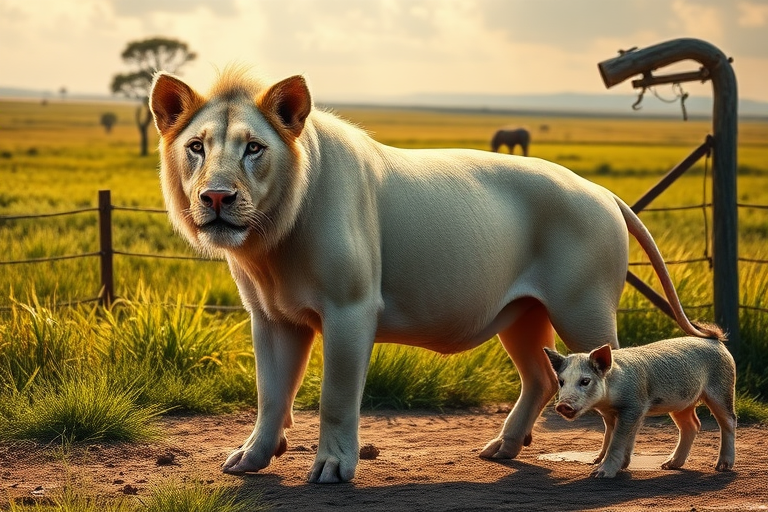 Create a full-length photorealistic image of a lion, maintaining its head and facial features, but using the musculature and silhouette of a pig. The body should display a unique blend of pig and lion characteristics, showcasing the strength and outline of a pig while retaining the skin texture and fur of a lion. The background should combine elements from both animals, featuring lush grasslands and a vibrant, sunny savanna alongside farm-like features, such as a wooden fence and a muddy area, to reflect the essence of both a lion’s habitat and a pig’s environment.