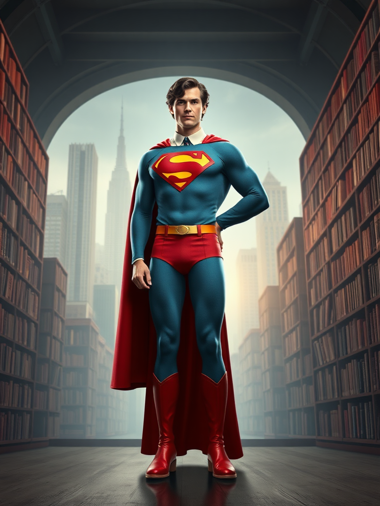 Create a full-length image of Superman with the body type of Velma Dinkley. Ensure he is wearing his classic Superman costume. Design the background to be a seamless blend of Metropolis and a classic library, incorporating elements like skyscrapers and shelves filled with books. The scene should evoke a sense of mystery and heroism, fitting for both characters. Make sure the lighting is balanced to highlight Superman’s features while maintaining the ambiance of both settings.