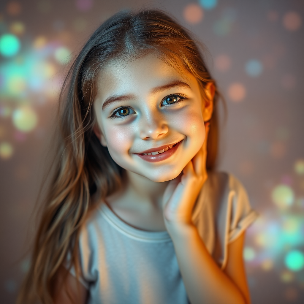 preteen girl in natural pose, relaxed smile, full body shot, dreamscape, nebula, Bokeh, abstract, brilliant colors, glittering, translucent, iridescent, natural skin, glowing, artistic photo, wide angle, cute, interesting, microscopy, airy, original, experimental, refraction