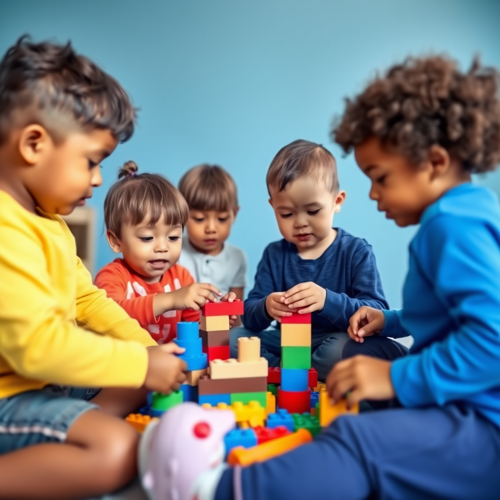 A group of 5 different children who are short in height, long in height, fat, have black or fair skin playing with toy building blocks. The age of the children should be 10, and the room in which they are playing should have blue color walls.