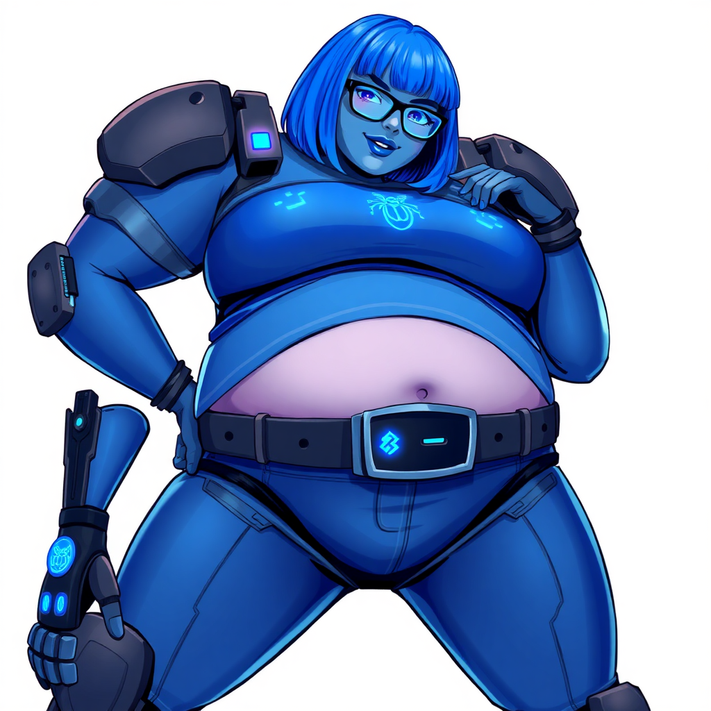 A 28-year-old, full-figured, metallic maximum blue (5PB 5/10) skinned computer program hybrid with a maximum blue bob cut. She has a non-athletic build, highlighted by a prominent, round, large midsection (with full emphasis on her round belly), which shows the effects of her love of junk food acquired from her boyfriend. As the full-figured, nerdy, digital sidekick to her cyberpunk vigilante boyfriend, her metallic maximum blue skin and maximum blue lipstick (5PB 5/12) emphasize her digital nature. Her skin has a subtle, animated glow, with digital patterns occasionally flickering across it, making her digital nature obvious. She wears a digital, computerized, superhero costume, consisting of a massive, tight-fitting, maximum blue t-shirt (5PB 5/12) made out of advanced nanotech with a neon blue chest icon of a beetle, hi-tech shoulder pads with neon blue accents, a black hi-tech belt with a digital neon blue glowing buckle, digital maximum blue biker pants (5PB 5/12) with neon blue accents, and black hi-tech fingerless biker gloves with neon blue glowing accents. Her neon blue glowing eyes, black eyeglasses with neon blue glowing lenses equipped with a built-in HUD, and bashful smile with neon red blush accentuate her nerdiness. She stands bashfully with one hand behind her back and the other hand gently touching her cheek, her costume covering all her skin (especially her midsection) and fully emphasizing her full figure (especially her round belly). She is clearly non-athletic, with a focus on her full-figured physique. Despite her build, she radiates beauty. She has a slim face compared to her physique, accentuating her radiant beauty. She is on a solid white background. She is drawn as if she were in a retro 2D cyberpunk fighting game.