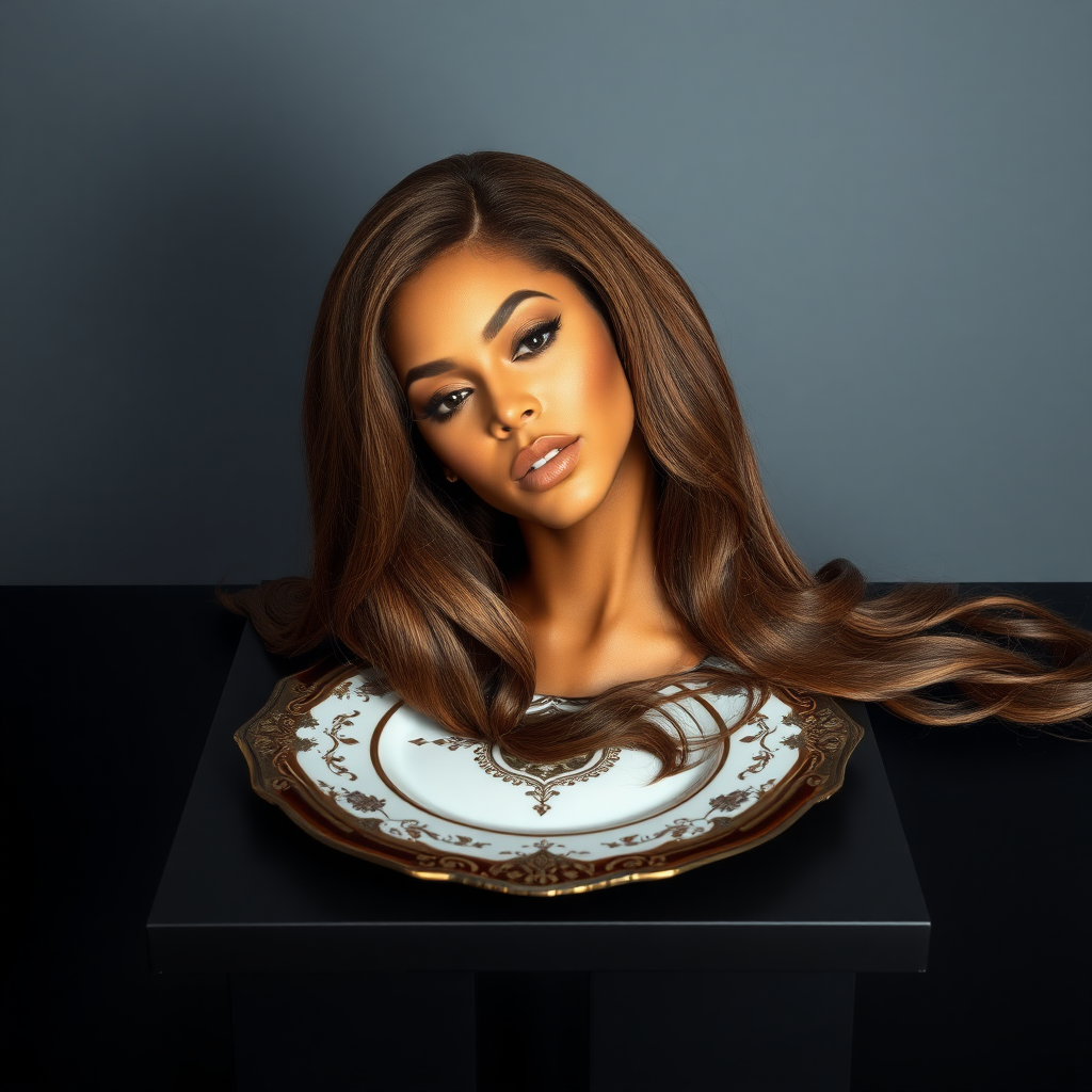 In a surreal and striking scene, the elegantly styled disembodied head of a stunningly beautiful Beyoncé rests gracefully on an ornate, luxurious plate, which is carefully placed on a simple, understated table. Her very long, flowing hair cascades like a rich waterfall of silky, rich brown locks, framing her exquisite face and accentuating her radiant, flawlessly glowing skin. The delicate contours of her chin rest lightly against the polished surface of the plate, lending an unexpected intimacy to the bizarre presentation.

The background is a muted, plain gray, casting an air of modern minimalism that contrasts dramatically with the lavishness of her appearance. Soft shadows play across her features, highlighting the subtle high cheekbones and perfectly shaped lips, which seem poised for a soft smile. The atmosphere feels both elegant and eerie, inviting intrigue and contemplation as viewers are drawn into this surreal artistic tableau, where beauty and the absurd collide in unexpected harmony.