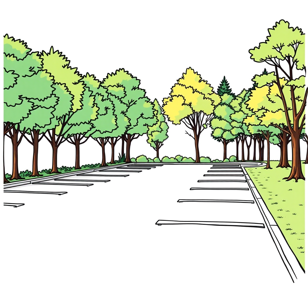 a small parking lot, borders, trees, lawn, wood outskirt on the right, colorfoul image long establishing shot, 2D, caricature, cartoon, Sketch lines, coloring book, coloring book style on white background, well composed, clean coloring book page, No dither, no gradient, strong outline, No fill, No solids, vector illustration, realistic proportions, left side view