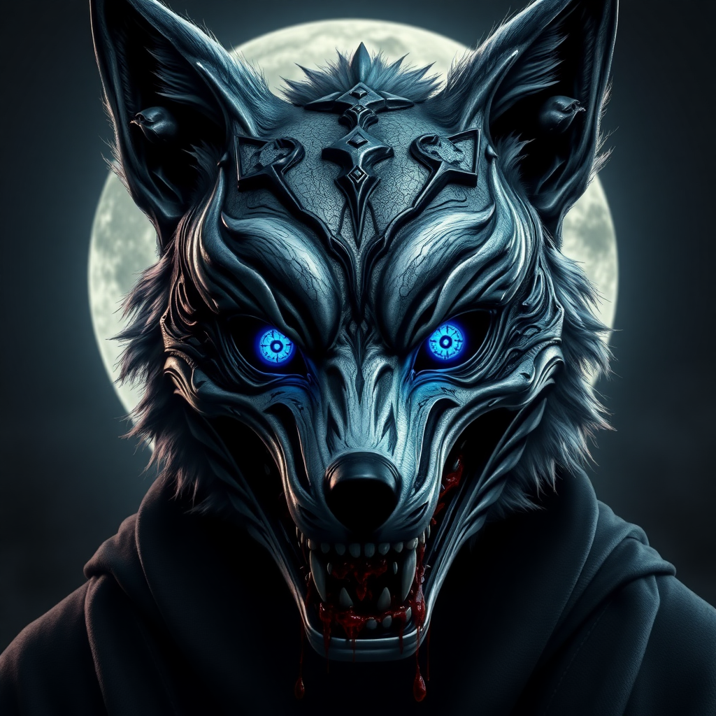 Photorealistic style eerie-looking kitsune-silverfox mask with blue eyes with baring teeth with blood on the fox teeth, in front of the full moon.