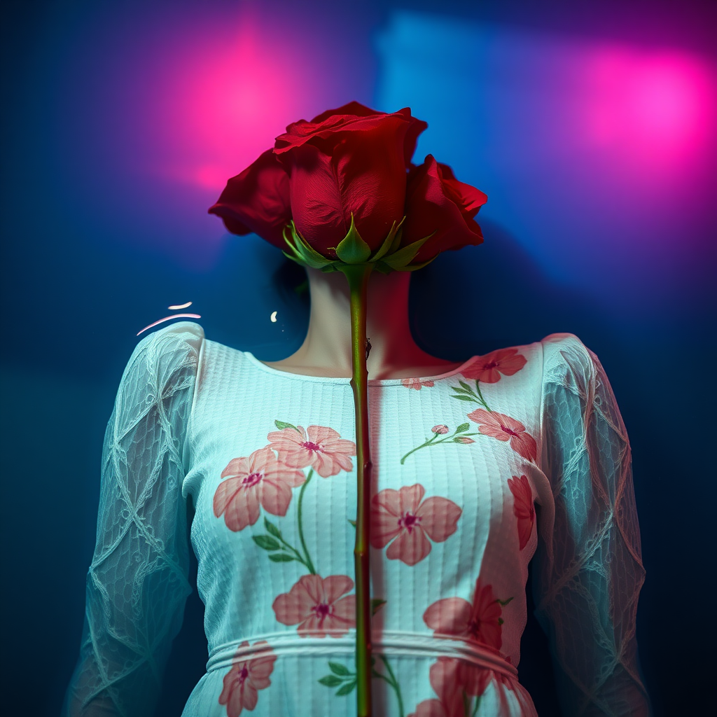 A red rose bouquet head, no human, front view, wearing a white textured dress with pastel minimal floral print design, closeup shot, hyperrealistic, lying inside water with blue and pink effect, nighttime, dark