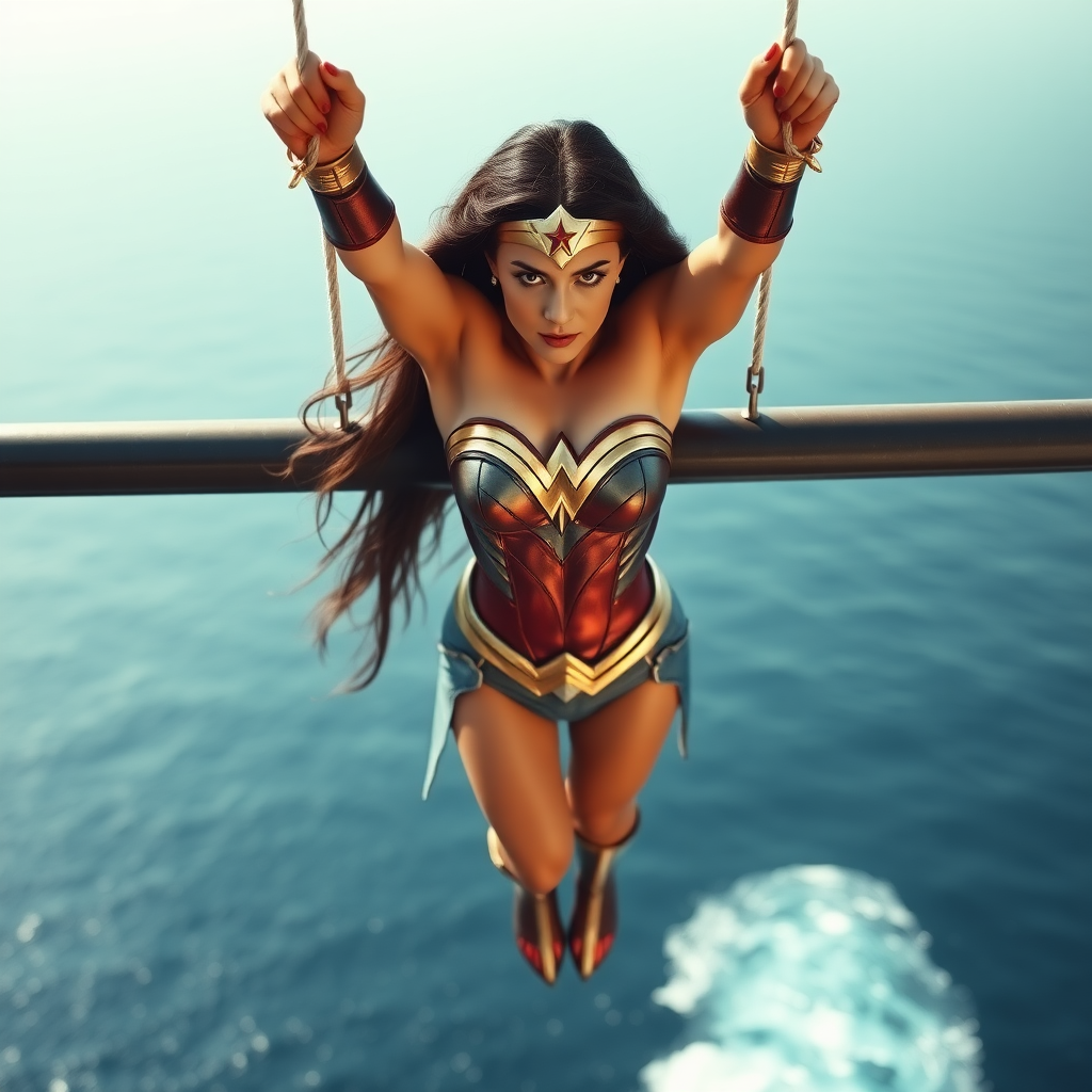 Create an image of Wonder Woman. She is hanging with both hands on a horizontal bar, with her arms extended over her head. The bar is suspended high above the ocean, and she is facing the viewer. The background consists of a vast expanse of sea, with nothing else visible on the horizon. HD DSLR Photo