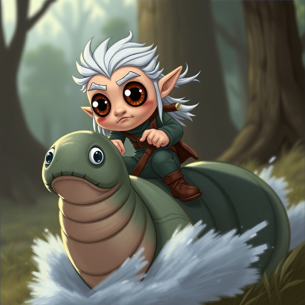 Geralt of Rivia with huge eyes riding a worm