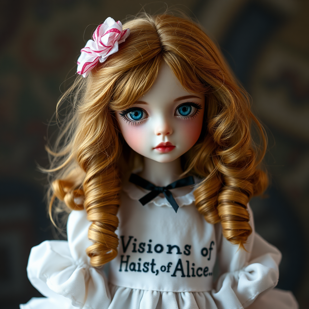 ooak art doll, artist doll, realistic doll, life-like porcelain doll, young preteen girl, unique personality, bisque doll, text "Visions Of Alice" on dress, vibrant colors, aesthetic art