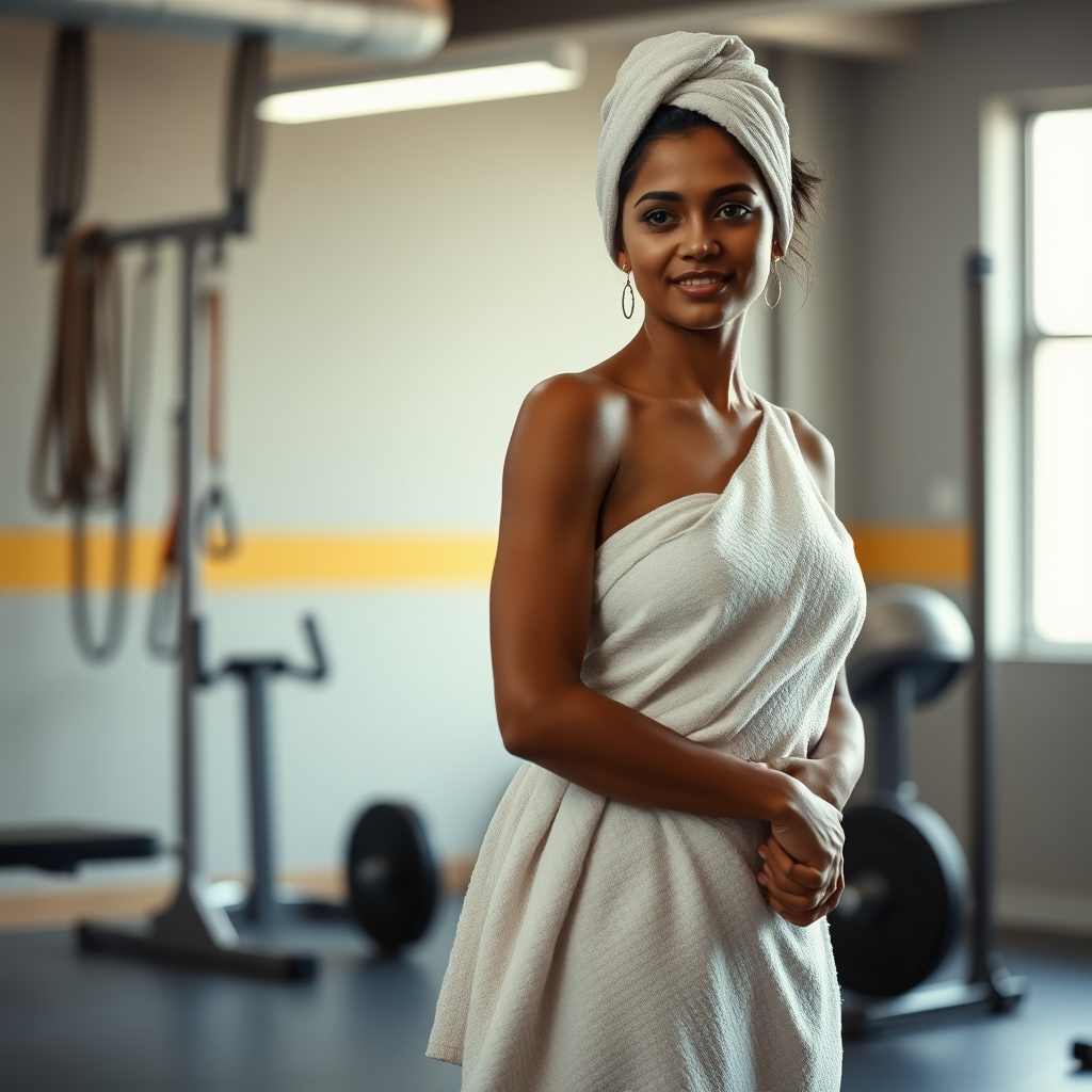 Indian wife, wrapped in towel, standing in gym