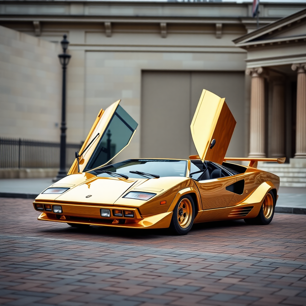 Golden Lamborghini Countach parked in front of British Museum