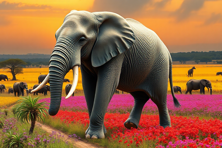 Generate a full-length photorealistic image of an elephant featuring the musculature and framework of a mouse, while keeping its head intact complete with distinct facial features. The skin retains its elephantine texture, complemented by soft fur similar to a mouse. The background blends elements from both animals' habitats, showcasing a mix of savannah and vibrant fields. Include plants characteristic of each environment, ensuring a harmonious and imaginative scene that captures the essence of both creatures while highlighting their unique characteristics in a surreal setting.