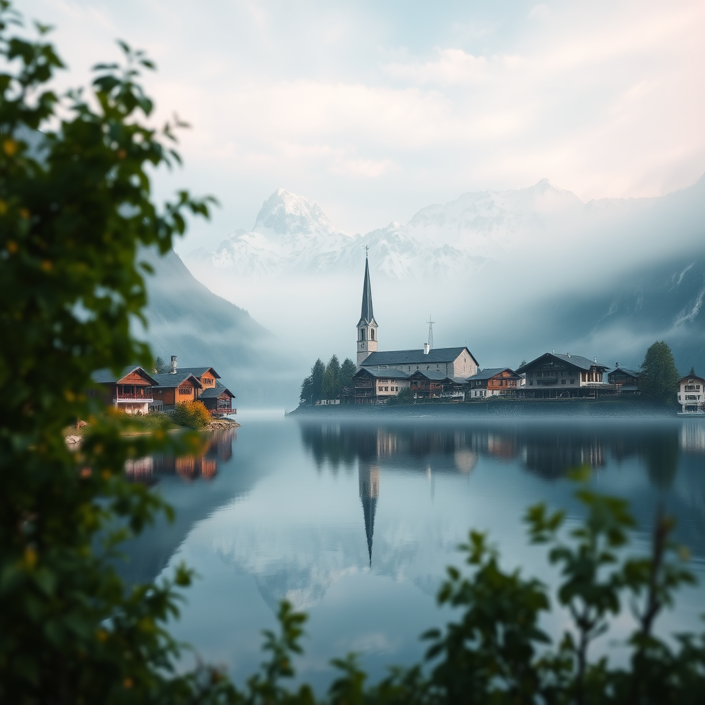 A tranquil alpine village nestled by a serene lake, surrounded by snow-capped mountains. The scene captures a soft, misty morning atmosphere with a blend of cool blues and whites dominating the palette. Reflections of the mountains and quaint houses shimmer on the still water surface. The architecture showcases traditional wooden chalets and a prominent church with a tall spire, harmonizing with the natural landscape. Lush green foliage frames the scene, adding a touch of warmth to the cool tones. The overall aesthetic leans towards hyperrealism, emphasizing intricate details in the mountains and water reflections, creating a dreamlike quality.