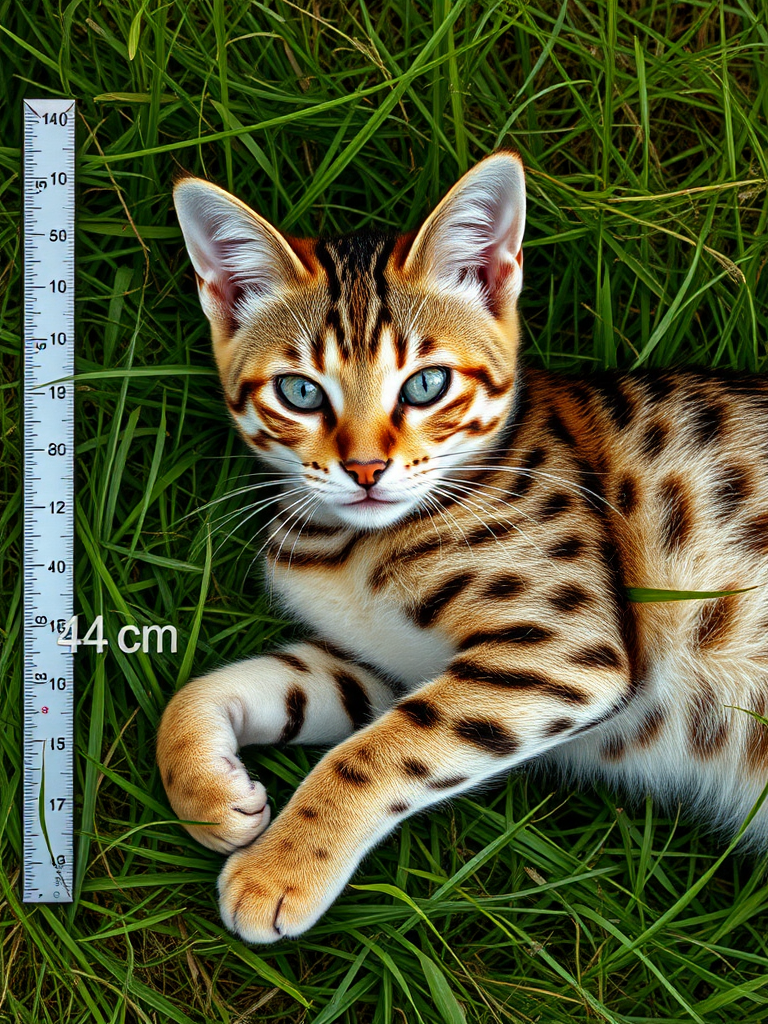 Create a hyper-realistic 4K image of a Rusty-Spotted Cat lying on the grass. Include a ruler next to the cat to measure its body length, which should be indicated as 48 cm. Make sure the fur details are sharp and the overall scene looks natural, with the cat's distinctive markings and the grass clearly visible.