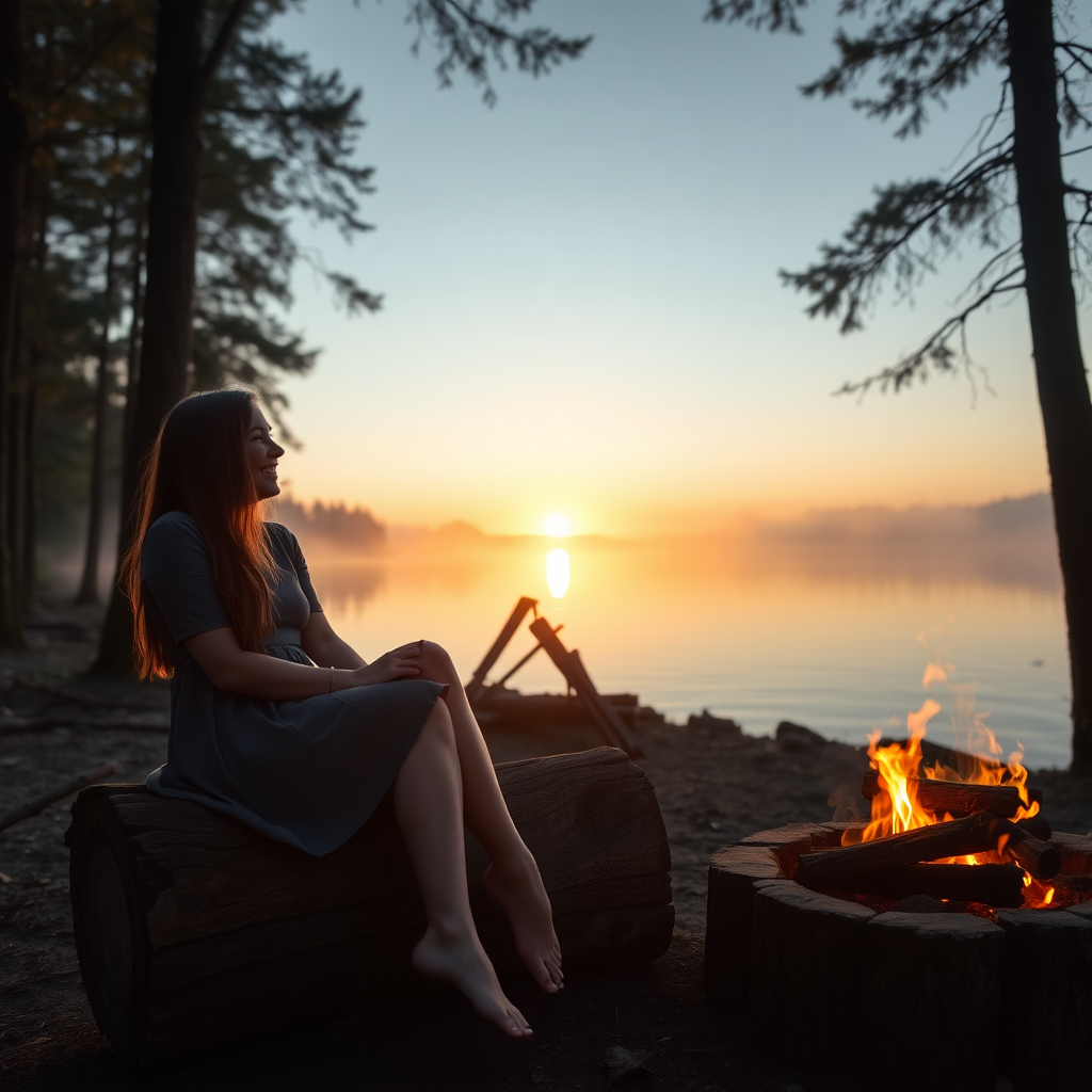 A young woman and her friend sitting on a trunk next to a fireplace at the shore of a lake. She has long brunette hair. She is wearing a dress. Bare feet. They are laughing together. The sinking sun is falling through the trees. A little fog is rising from the lake. Light like in a fairy tale, a bit mystic. Photo.