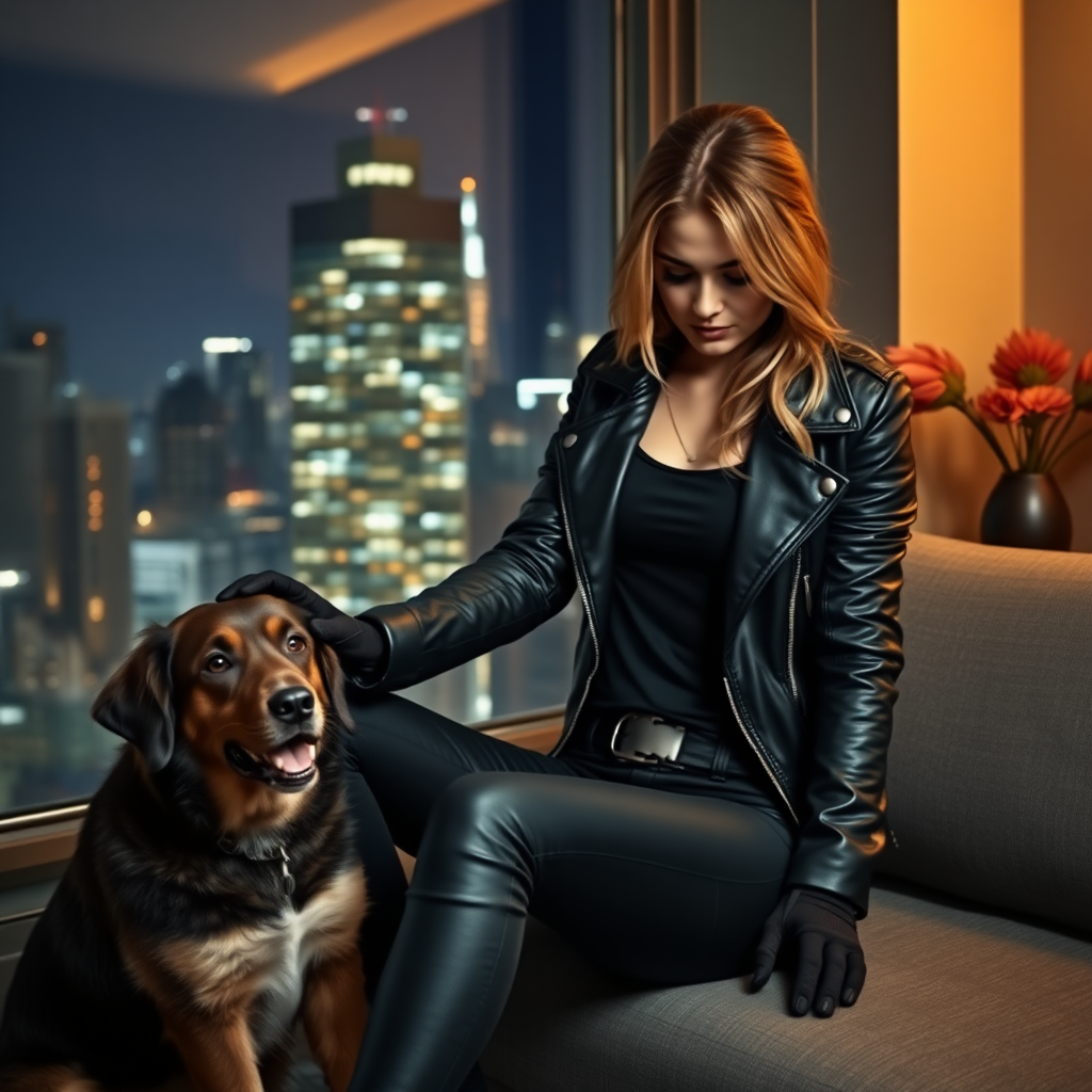 A beautiful tough thief girl in black leather jacket over black t-shirt with black tight jeans and gloves stroking a dog sitting in a Manhattan penthouse at night.