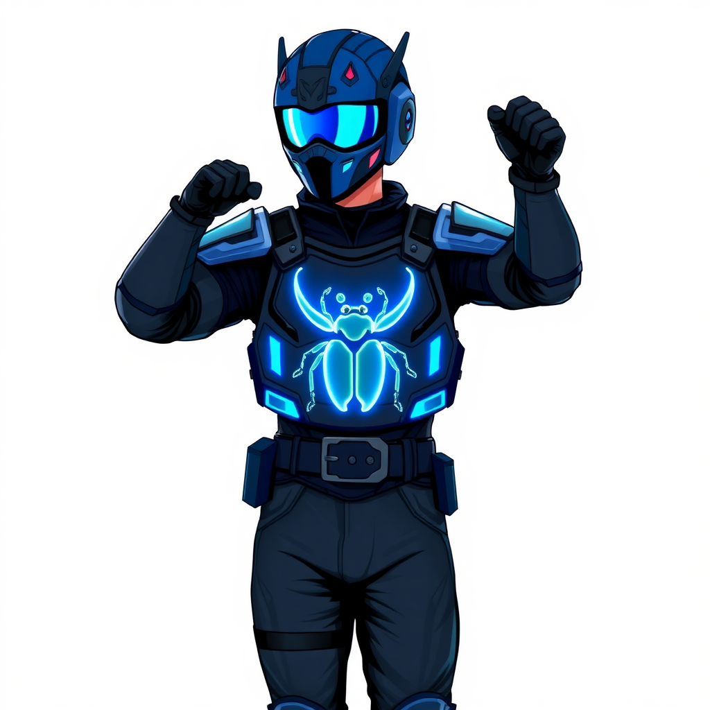 A young adult cyberpunk vigilante stands heroically, clad in high-tech, maximum blue body armor featuring a neon blue glowing beetle on the chest. They wear black biker pants, a black belt with a sapphire beetle buckle, and a helmet resembling Red Hood Jason Todd’s, but colored maximum blue with neon blue lenses. Their hands are protected by black metal gloves, all set against a solid white background. He is drawn as if he was in a retro 2D cyberpunk fighting game.