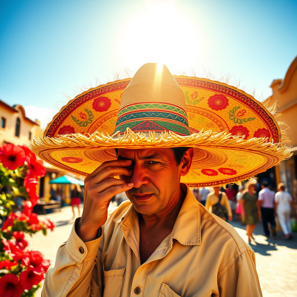 In a vibrant, sun-soaked plaza in a bustling Mexican village, a large, colorful sombrero hat, adorned with intricate embroidered patterns in vivid reds, greens, and yellows, provides a generous shadowy cover over the head and body of a weary traveler. The sun blazes fiercely overhead, its golden rays creating golden flecks in the air, while the brim of the sombrero gently sways with the soft breeze, rustling the nearby hibiscus flowers. Underneath the wide brim, the traveler, wearing a light cotton shirt stained with the dust of the road, wipes the sweat from their brow. The scent of sizzling street food wafts through the air, mingling with the faint sound of mariachis playing a lively tune in the background. Children’s laughter echoes as they chase each other around vibrant market stalls filled with colorful textiles and pottery, creating an atmosphere rich with culture and life.