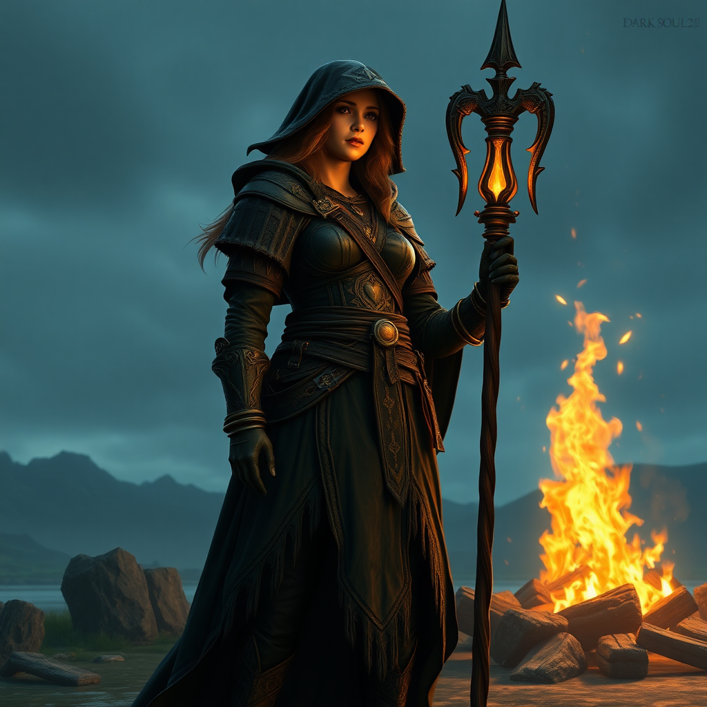 Shanalotte (the Emerald Herald) from Dark Souls 2 in Majula standing next to the bonfire.