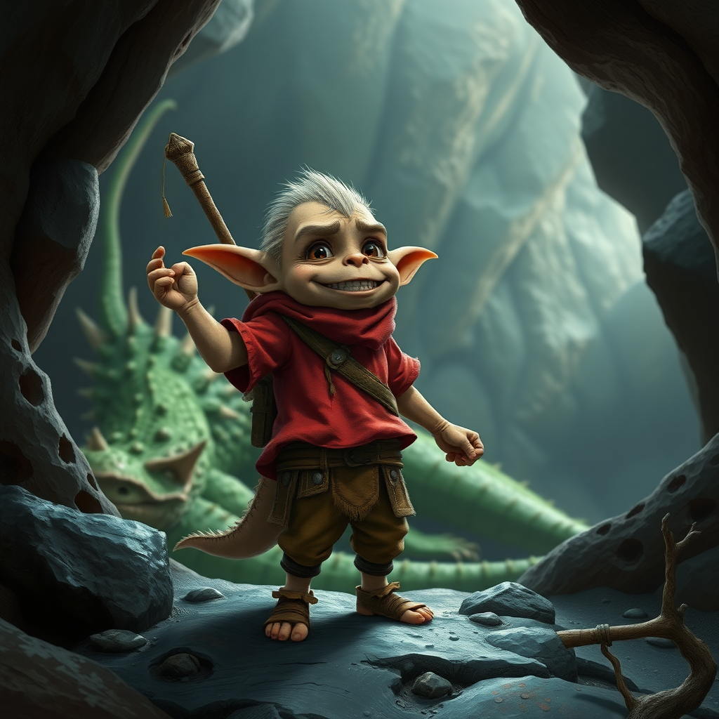 A realistic shot of a small, skinny, light brown, kobald monster in a tattered red tunic and dirty brown pants wearing a quaterstaff on his back who is excited to see a large sleeping green dragon in a cave.