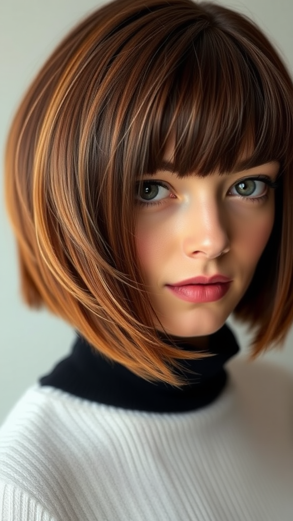 Beautiful model Anne Hathaway with a bowl cut hairstyle in various shades of color, with autumn chestnut foliage, in high definition.