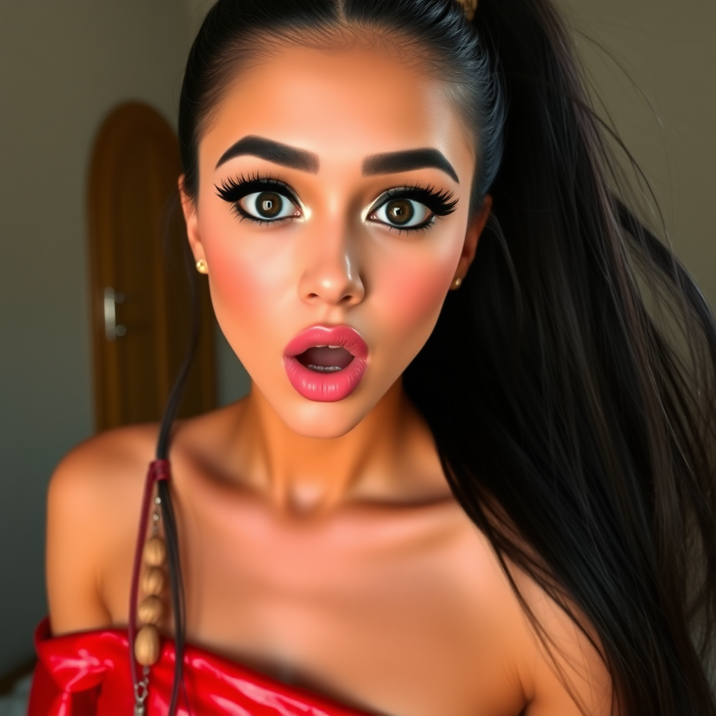 surprised Arabian girl with mouth open. She has very large eyes, black eyeshadow, black eyeliner, fake eyelashes, very tanned skin, very long hair. very high ponytail, red off shoulder shinny crop top. photo realistic, black hair