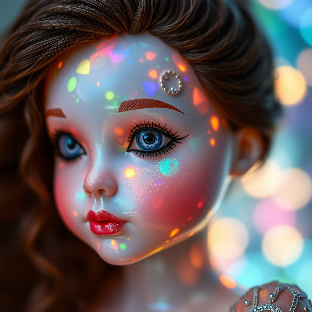 preteen artists doll, porcelain, Bokeh, abstract, mandelbulb fractal, fractal, brilliant colors, glittering, translucent, mother of pearl, opal, iridescent, natural, glowing