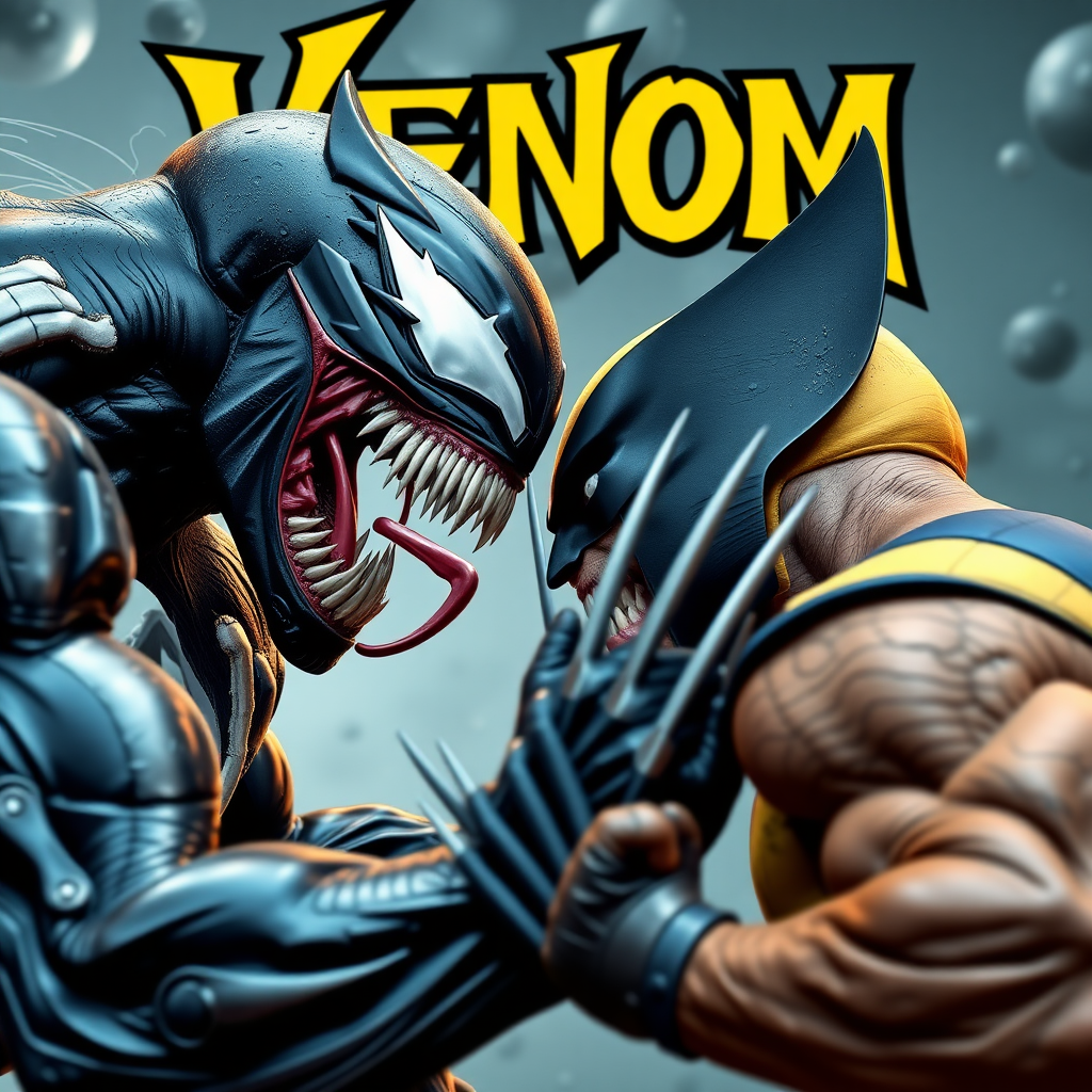 On a comic book cover is Venom Vs Wolverine in Cinematic Real3d photo-realistic quality.