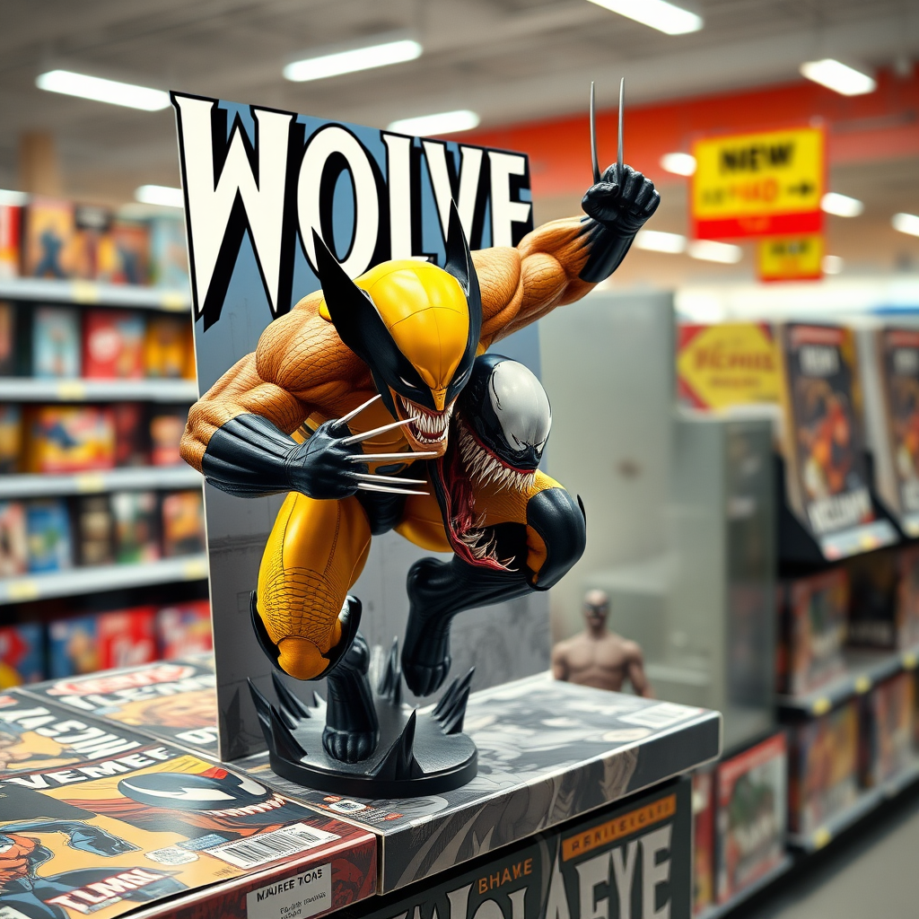 Jumping out of a comic book cover on a store shelf is Wolverine and Venom. Wolverine has his claws placed into Venom in cinematic real 3D photo-realistic quality.