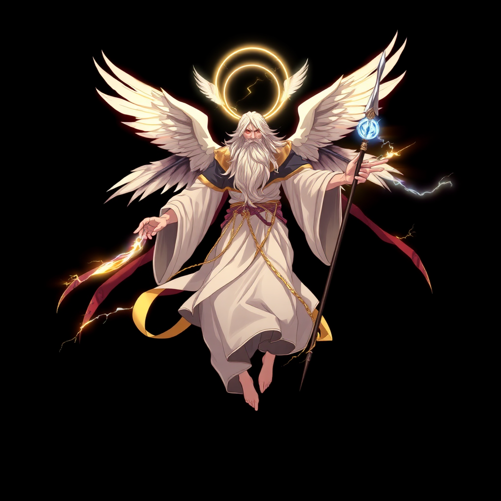 (Anime styled art) Black background of a divine yet sinister figure, floating ominously in mid-air. The being, known as YHVH/Enlil, radiates both light and darkness, with four angelic wings on top and two demonic wings on the back. A shattered halo hovers above its head, casting a fractured cracked glow. Dressed in flowing robes of white, gold, and black, the figure's long beard sways gently in the air. Its fiery ember eyes burn with a wrathful intensity, exuding a presence both holy and malevolent, he is holding a holy-golden-blue-lightning spear in left-hand.