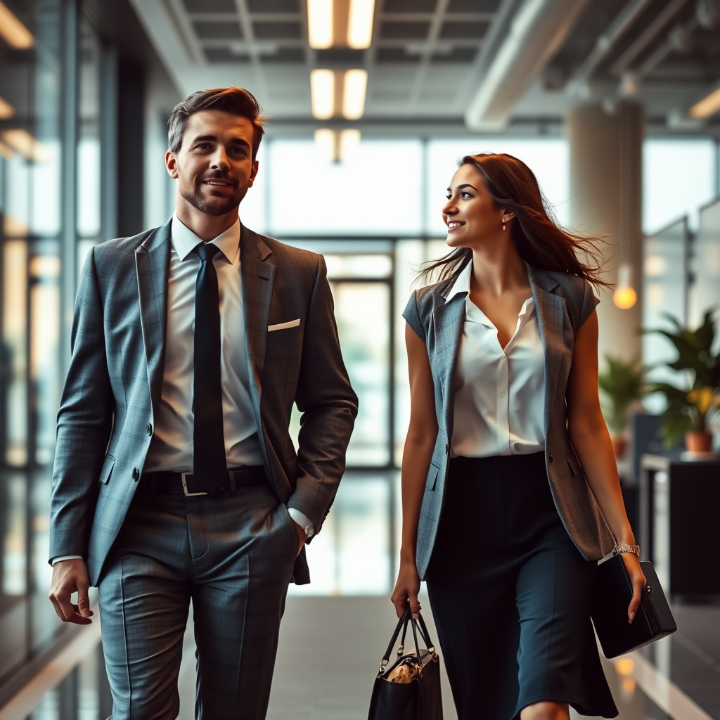 A businessman and an attractive businesswoman walking through flames to office