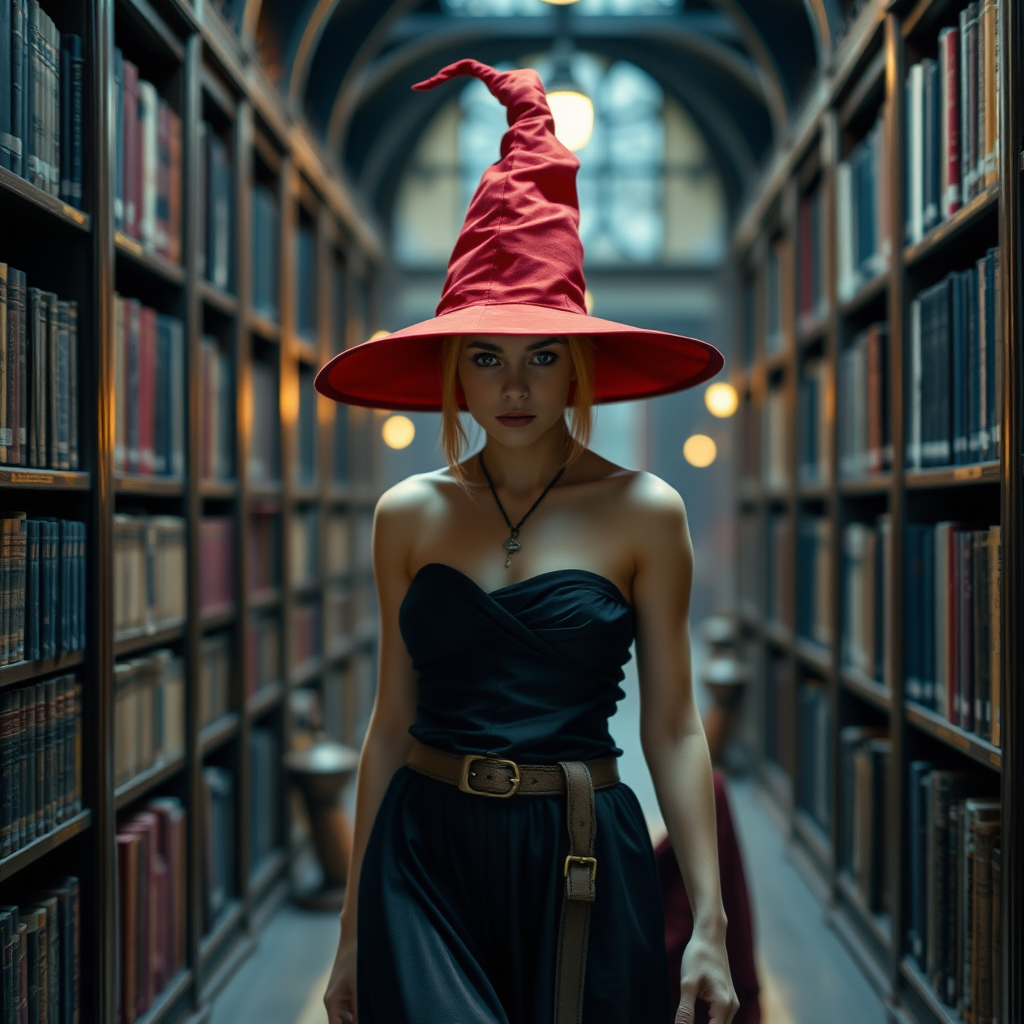 A topless female wizard looking at the camera in a red pointed hat walking through a library