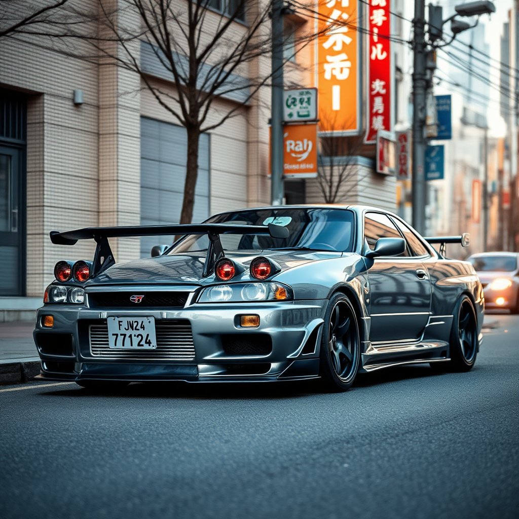 the car is parked on the side of the road, inspired by Taiyō Matsumoto, tumblr, restomod, nd4, c4 metallic shine gray black nissan skyline r34 kalabalik tokyo gece arkaplan en ayrıntılı genel detaylar