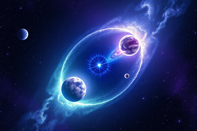 Small dot in the universe bursts into two other halves of universes with their own planets and stars, one side universe is greenish in color while the other half is more purple and has purple asteroids in it, there is a small point of concentrated energy at the center that explodes into both halves of the universe, with a large blue star in the center surrounded by both universes.